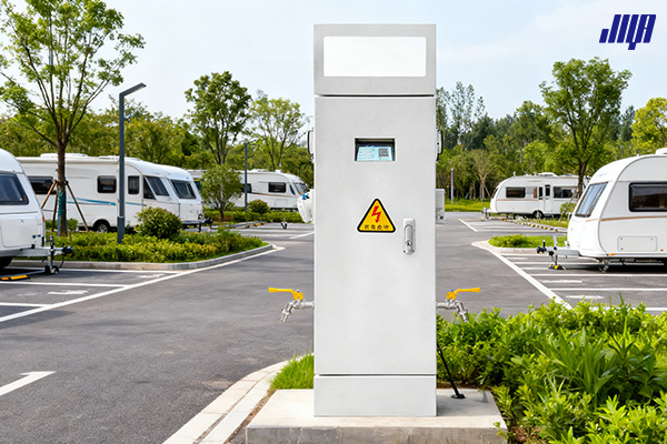 極亞智能房車營(yíng)地水電樁實(shí)拍，多車同時(shí)供水供電設(shè)備場(chǎng)景